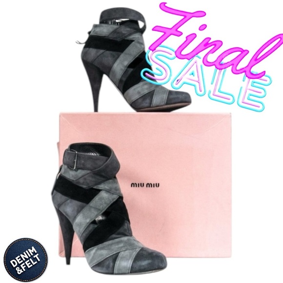 Miu Miu Womens Designer Black/Grey Suede Bootie Zip Up Strappy High Heels 🩶 - Picture 1 of 8